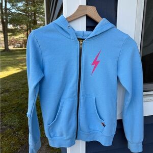 Aviator Nation Light Blue Kids Zip Hoodie with Pink Lightning Bolt